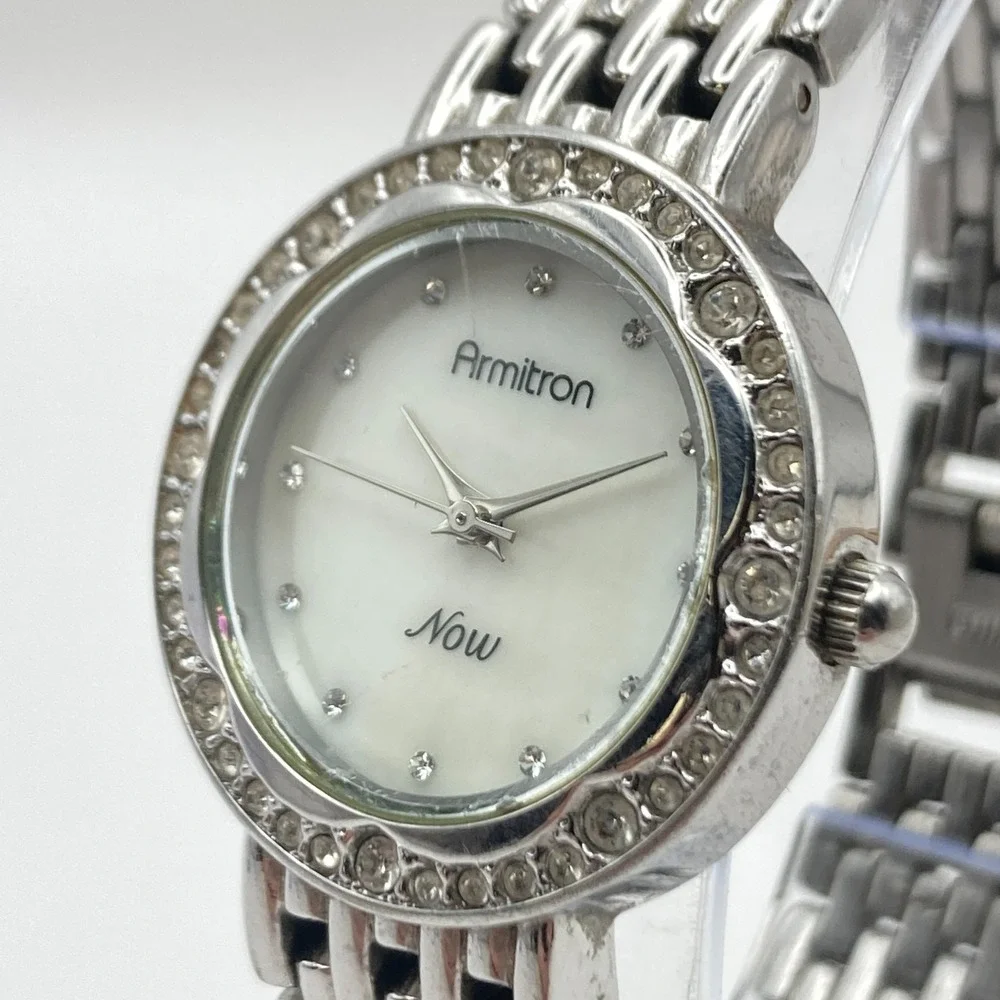 Armitron Now Women's Watch 28mm Silver Tone Crystals MOP Dial New Battery 6.75